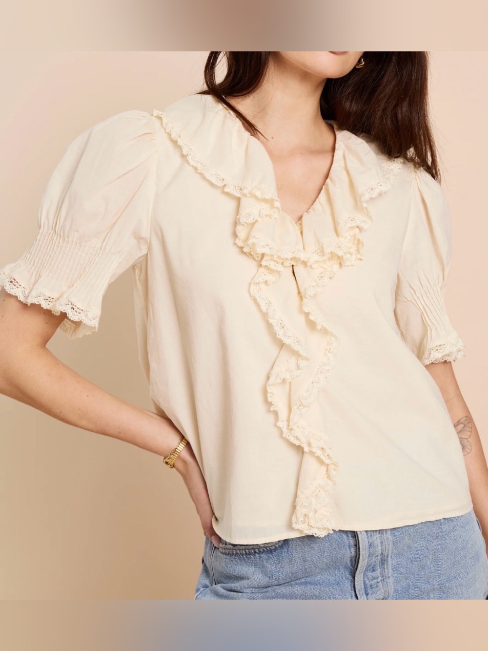 Few Moda sorella NWT Sora 100% Cotton Butter Yellow Ruffle Lace-Trim Blouse